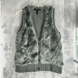 BCBG Charcoal Faux Fur Front Button Cardigan Sweater Vest size S